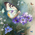 Colorful Butterfly Painting with Purple Flowers and Soft Background