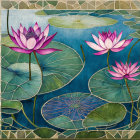 Pink Lotus Flowers and Lily Pads on Blue Water with Ornate Border