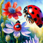 Colorful painting of ladybugs and flowers in a garden