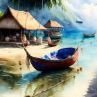 Colorful boat and traditional huts by serene riverside