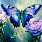 Colorful painting of a large blue butterfly on purple flowers with a smaller butterfly and lush greenery