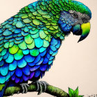 Colorful Parrot Illustration on Branch with Blue and Green Feathers