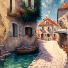 Serene village scene: cobblestone street, stone houses, boat by canal