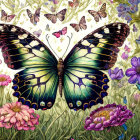 Detailed green butterfly illustration in colorful floral field