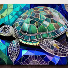 Vibrant sea turtle mosaic on display with blue and green backdrop