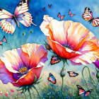 Colorful artwork featuring red poppies and butterflies on blue background