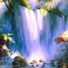 Tranquil waterfall in lush green setting