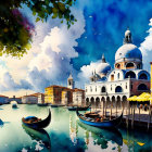 Venice Artwork: Gondolas on Canal with Basilica and Blue Sky