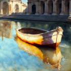 Tranquil painting of old boat on reflective water with classical architecture