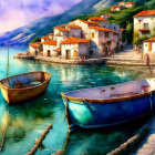 Scenic coastal village: white houses, blue boats, sunny sky