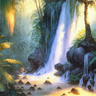 Tranquil jungle waterfall with sunlight and lush green foliage