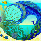 Colorful Underwater Scene with Mosaic Whale Tail and Coral Fish