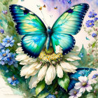 Colorful Butterfly Painting with Flowers on Blue Background