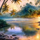 Scenic tropical beach sunset with palm trees and rocks