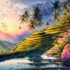 Tranquil sunrise over terraced rice fields with palms, water, and colorful flowers
