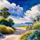 Colorful Watercolor Landscape of Seaside Scene