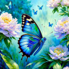 Blue Butterfly and Peony Flowers with Other Butterflies on Soft-focus Green and Blue Background