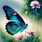 Blue Butterfly on Pink Flowers with Smaller Butterflies in Green Background