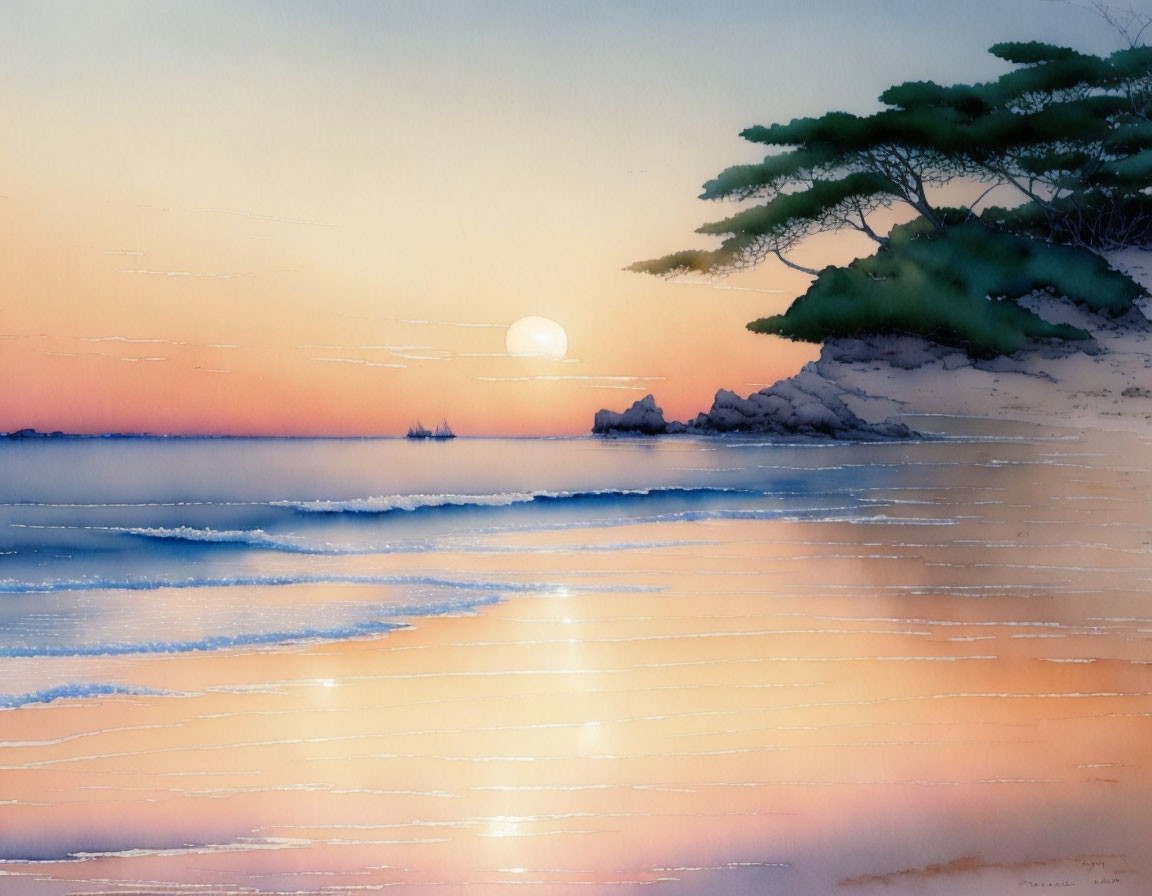 Tranquil watercolor painting: sunrise over calm sea, orange and blue hues, pine tree silhouette