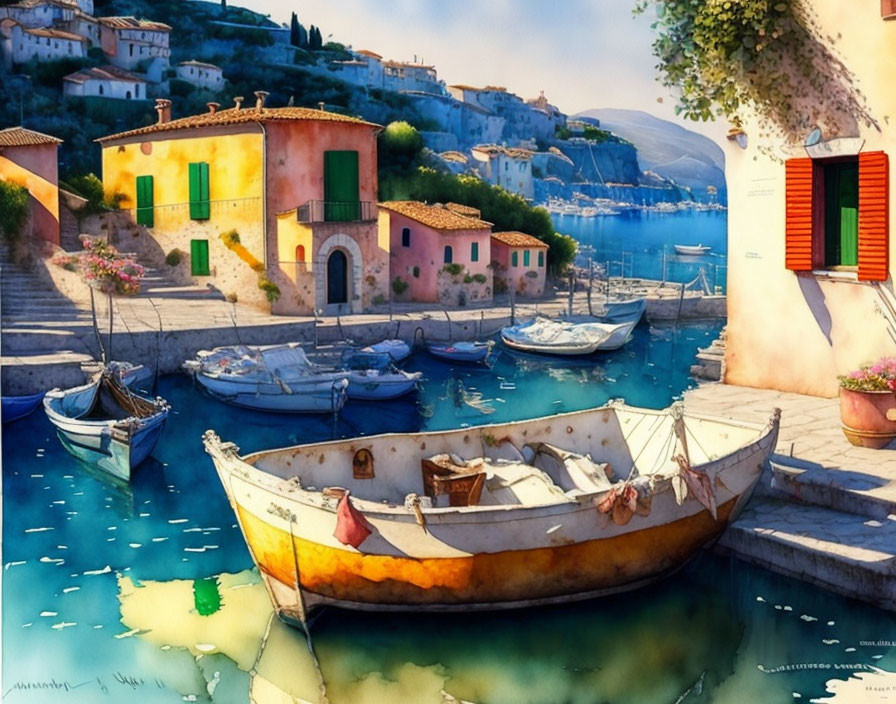 Tranquil watercolor: Coastal village with pastel houses & moored boats