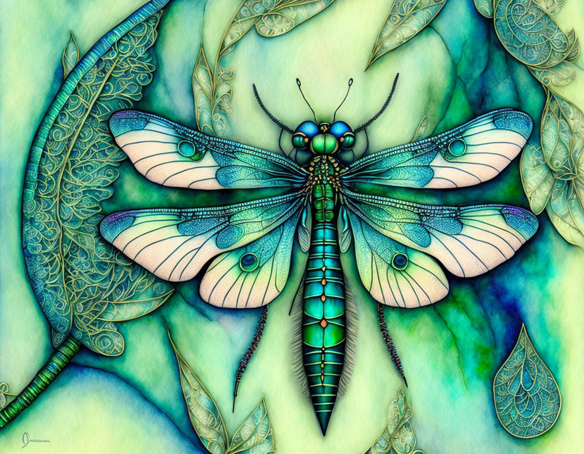 Colorful Stylized Dragonfly Illustration with Intricate Wing Patterns