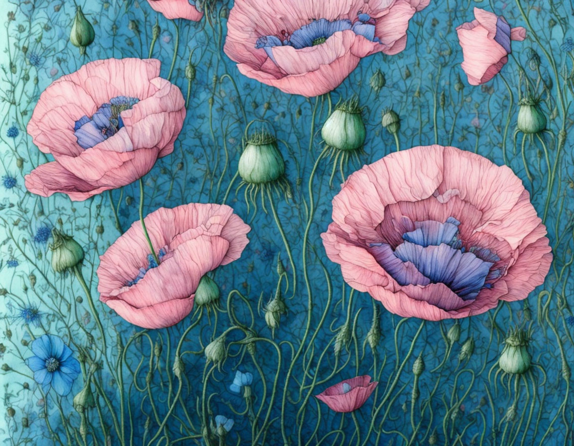 Pink poppies illustration on textured blue background