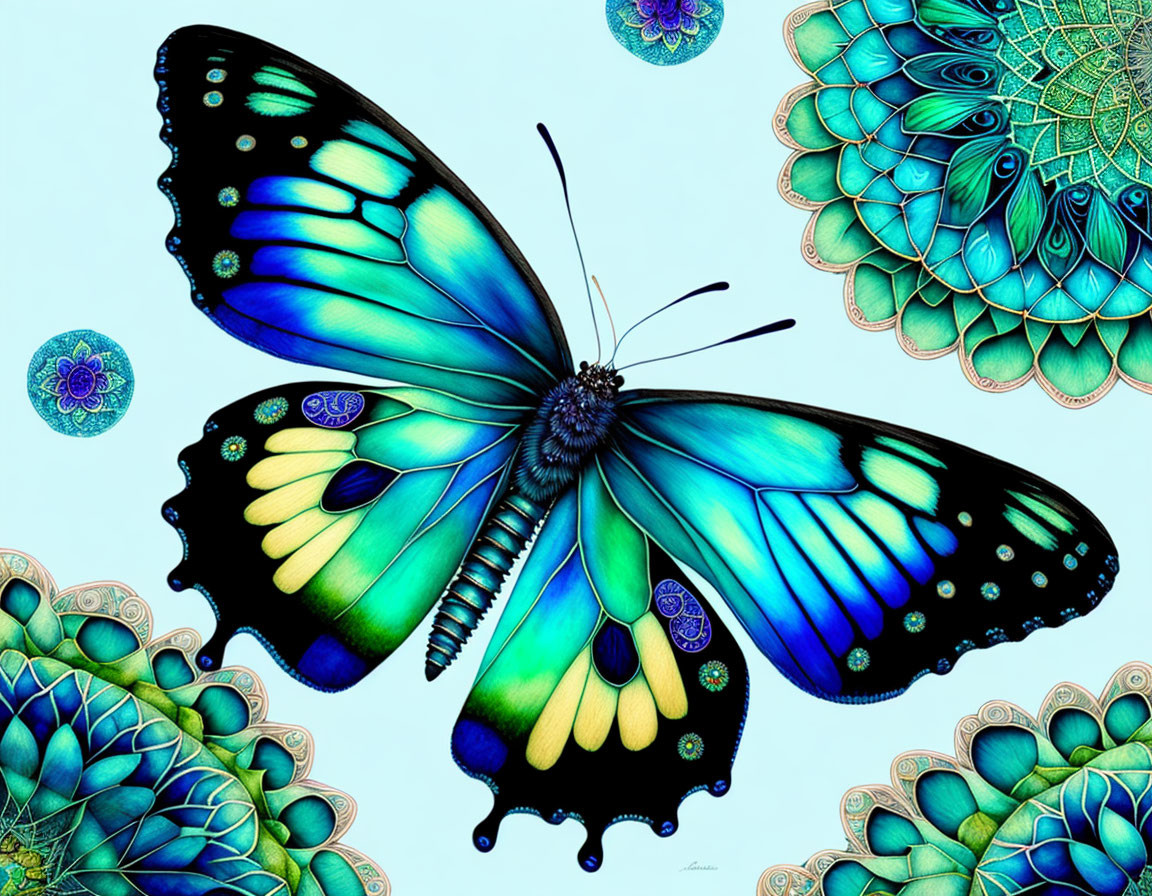 Colorful butterfly digital art with intricate wings and floral backdrop