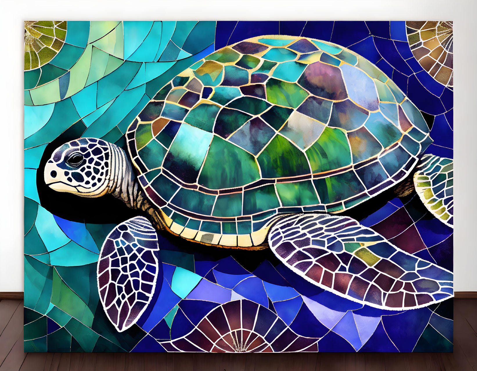 Vibrant sea turtle mosaic on display with blue and green backdrop