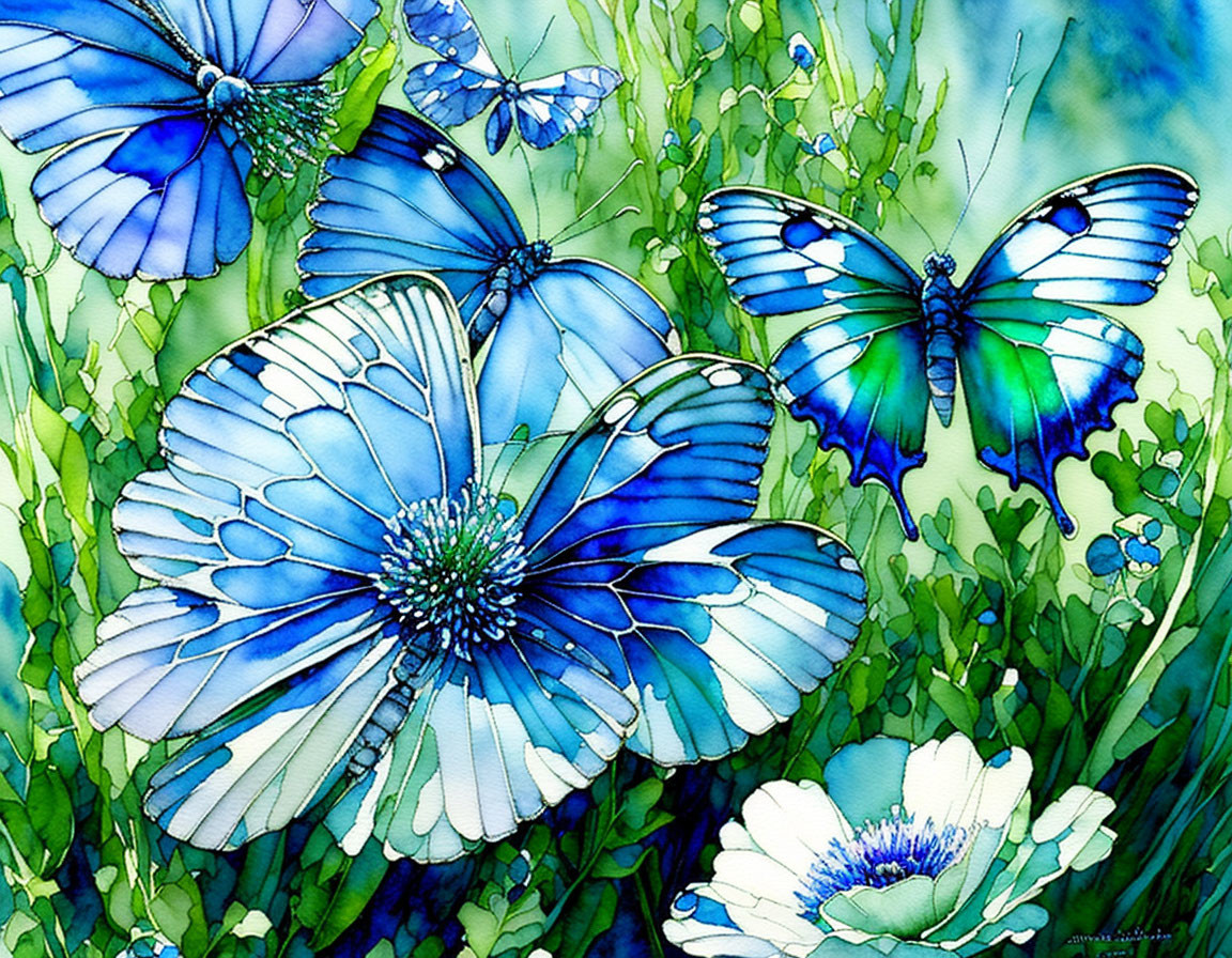 Blue butterflies and white flowers in lush watercolor scene