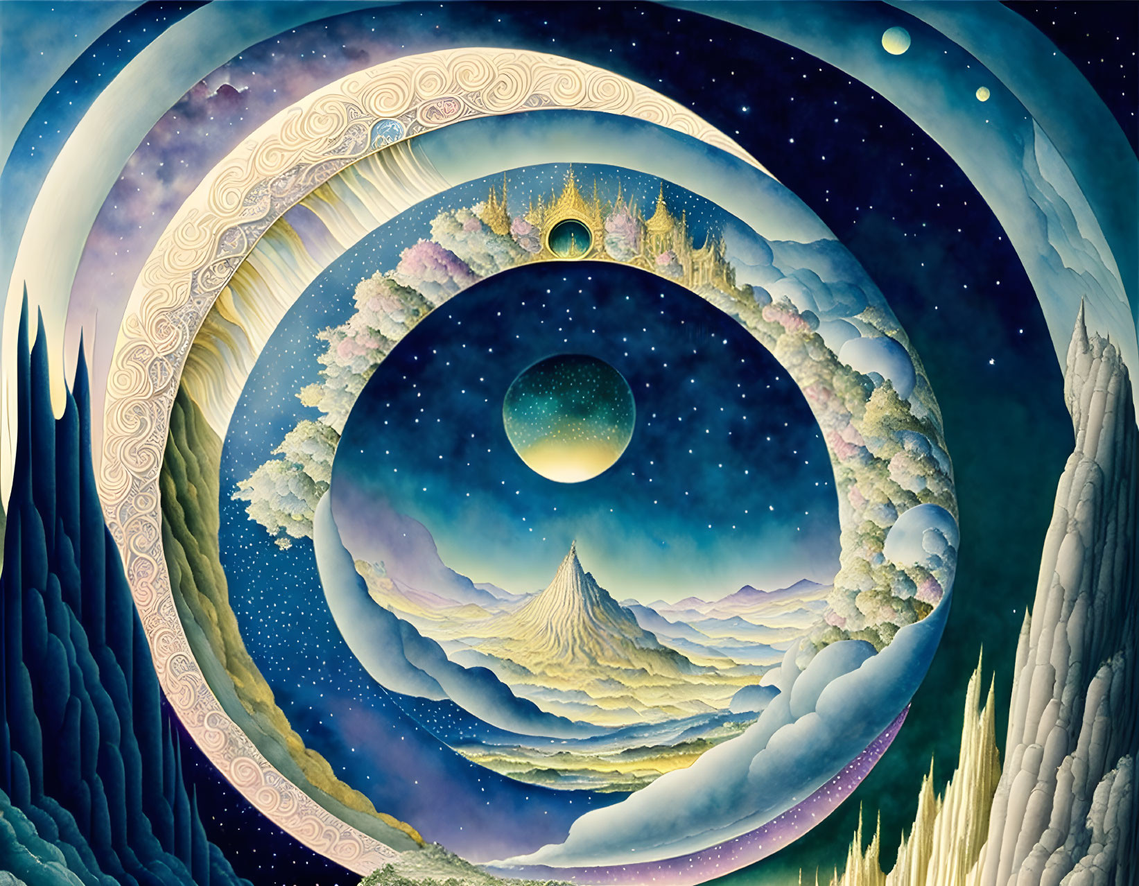 Surreal landscape with circular frames of night sky, celestial bodies, central mountain.