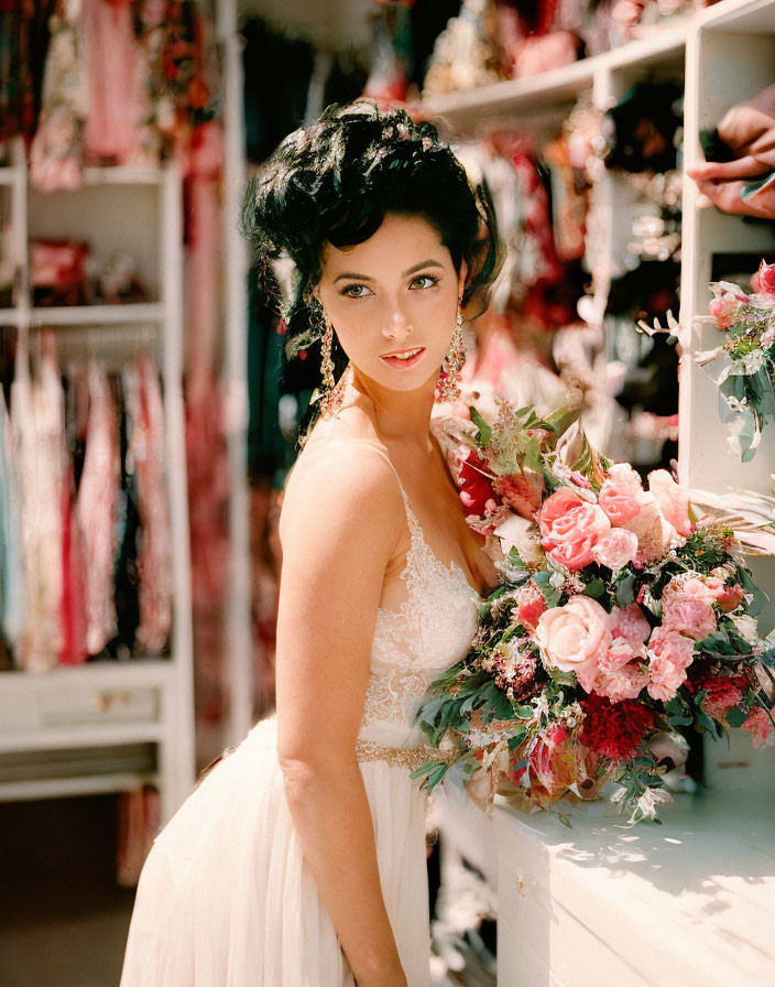 Dark-haired woman in white lace attire with bouquet in front of floral shop display