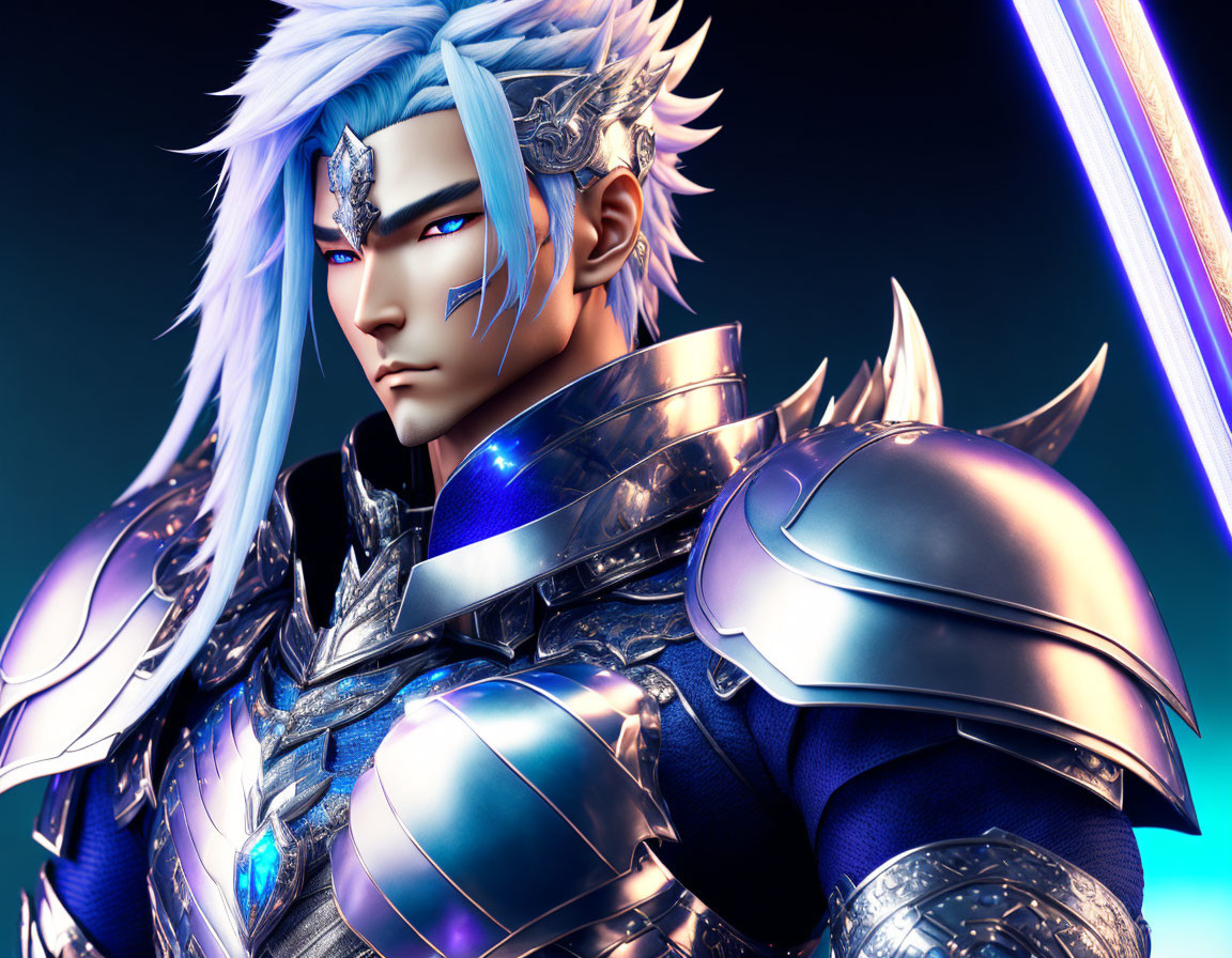 Fantasy warrior digital artwork: silver-blue armor, glowing eyes, luminous sword