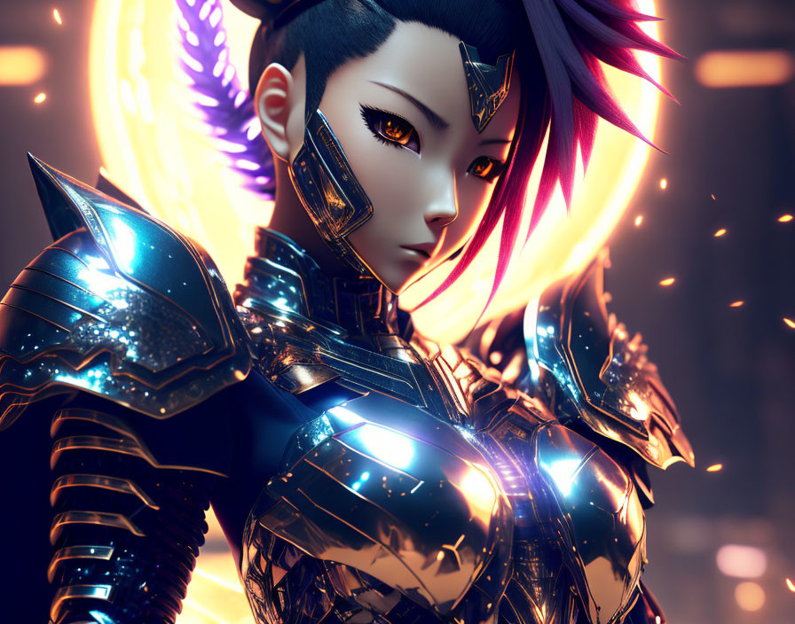 Female warrior in striking armor with short multicolored hair on glowing background