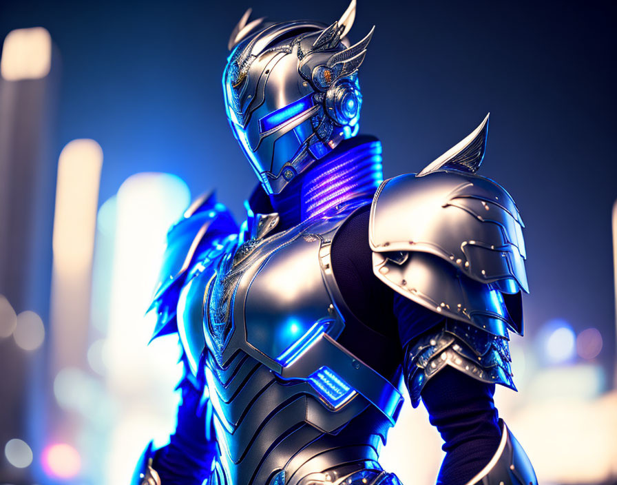 Futuristic armored robot with blue glowing elements in urban night scene