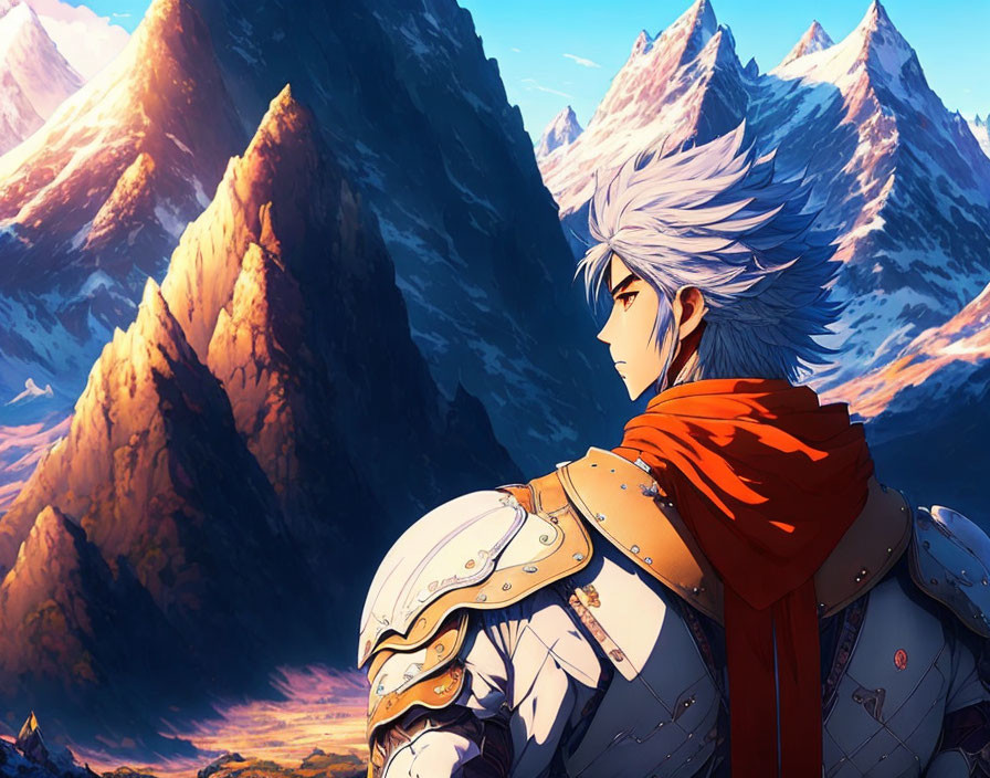 Silver-haired anime character in red cloak gazes at mountains