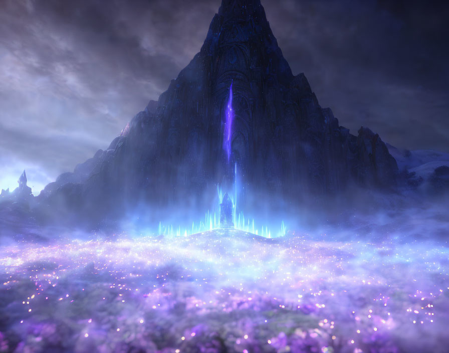 Mystical mountain peak with glowing purple rift and lavender flowers.