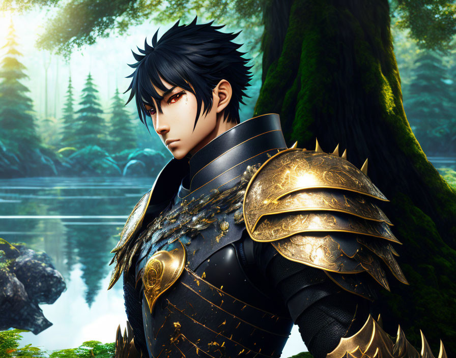 Warrior digital artwork: black hair, golden-trimmed armor, fantasy forest backdrop