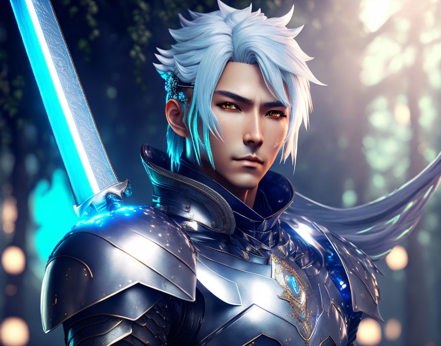 Fantasy warrior with blue hair and glowing sword in forest setting