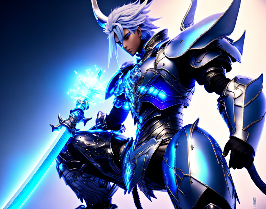 Fantasy knight with silver hair and blue armor wielding glowing sword