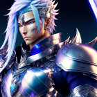 Character with Silver Armor and Blue Hair Holding Glowing Purple Sword