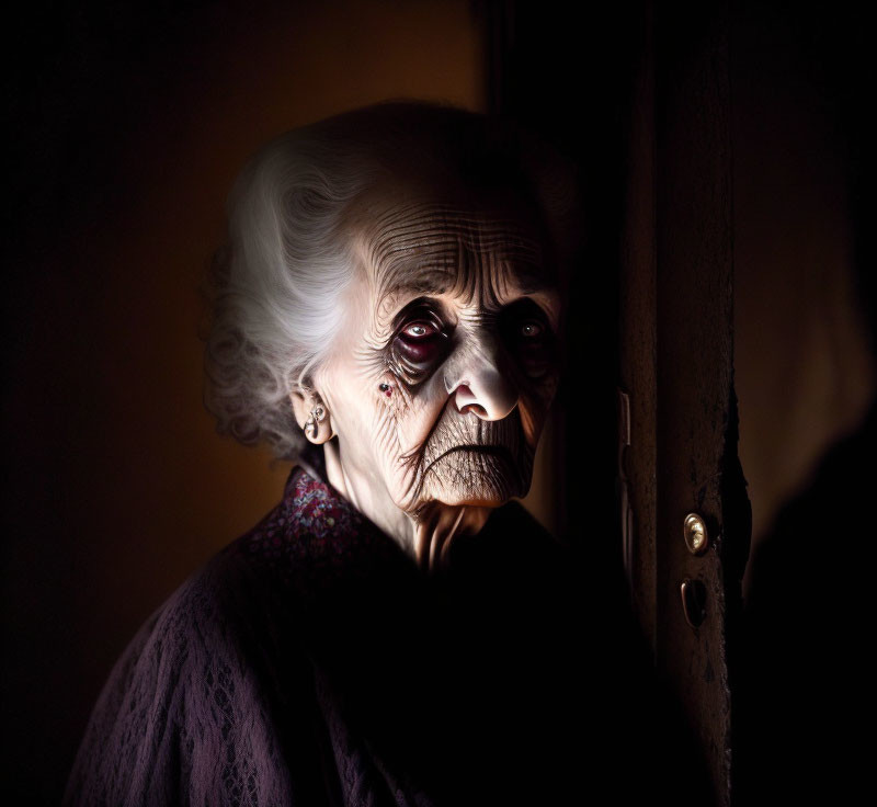Elderly woman with white hair and deep wrinkles in thoughtful gaze