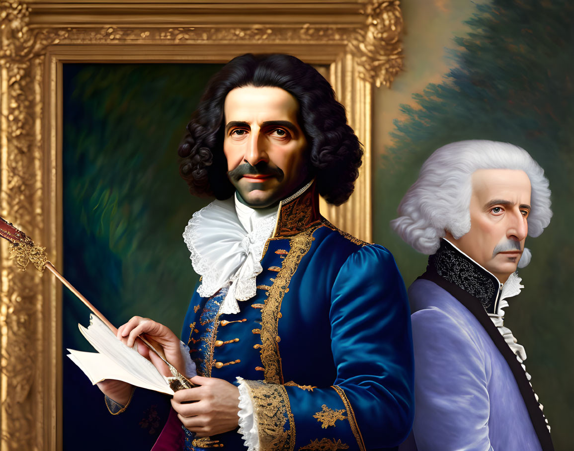 Modern figures in classical painting style: Two men in historical attire with document, portrait in background