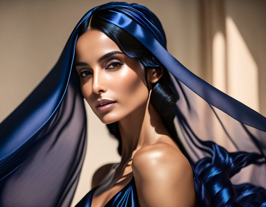 Woman with sleek hair and tanned skin in blue satin fabric under soft light