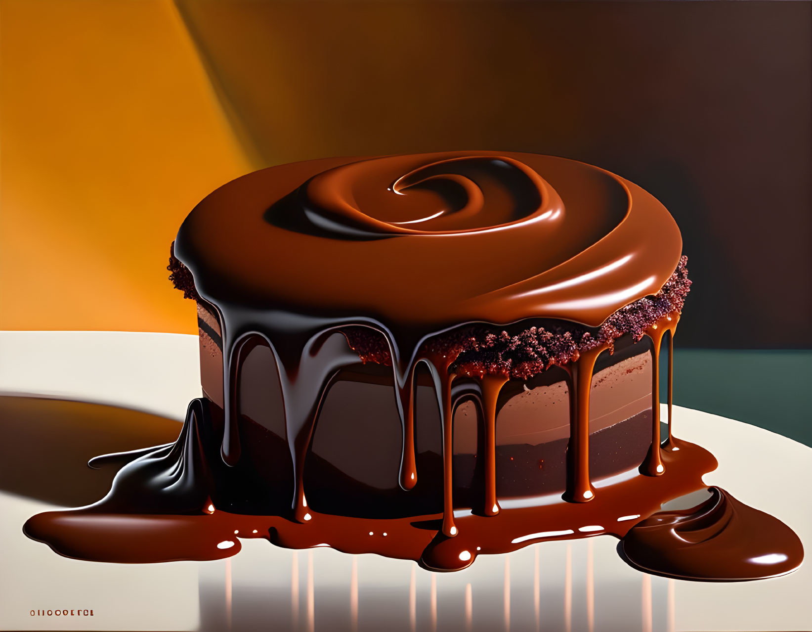 Decadent chocolate cake with glossy ganache topping and drizzled chocolate sauce.