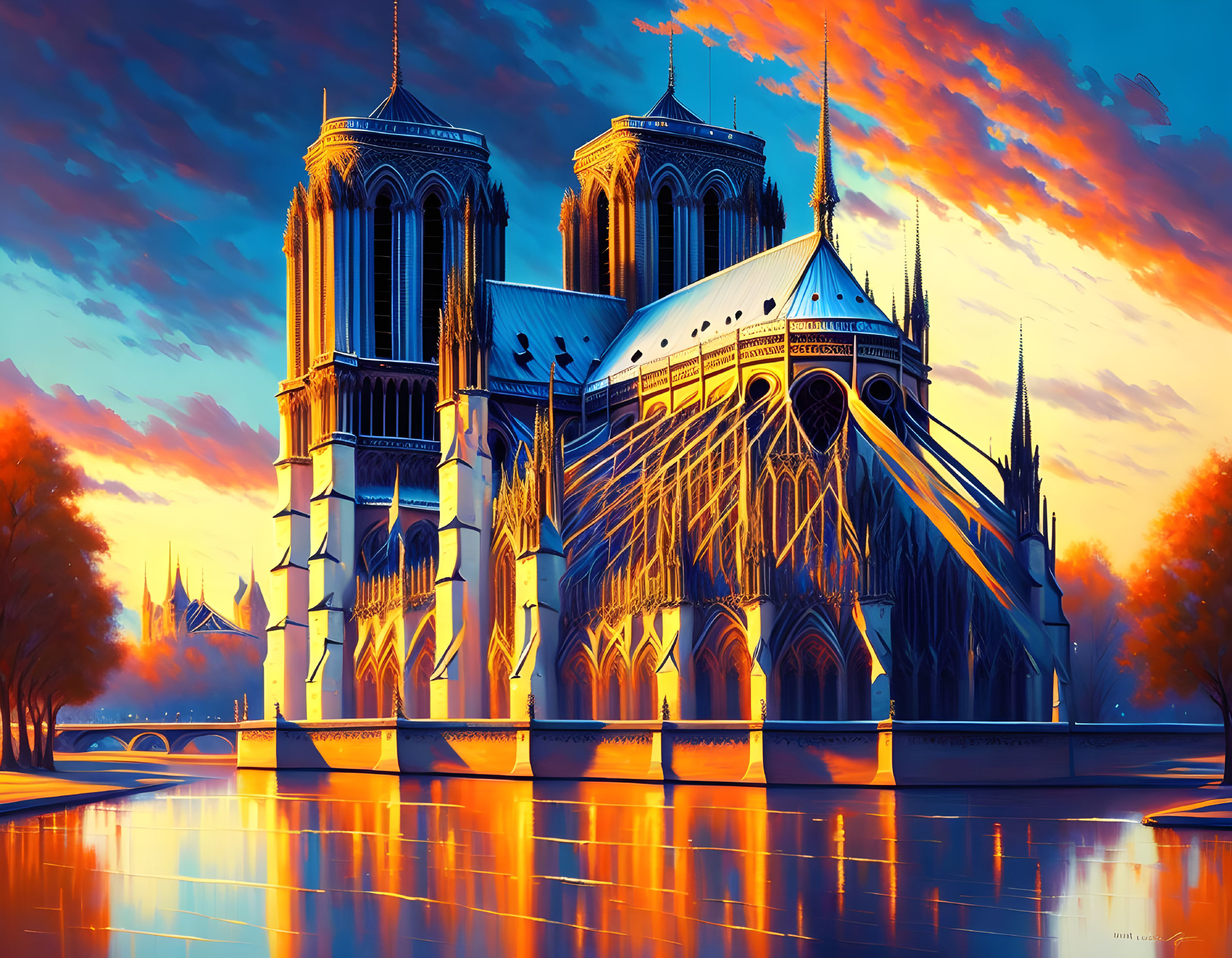 Gothic cathedral digital artwork with orange and blue hues