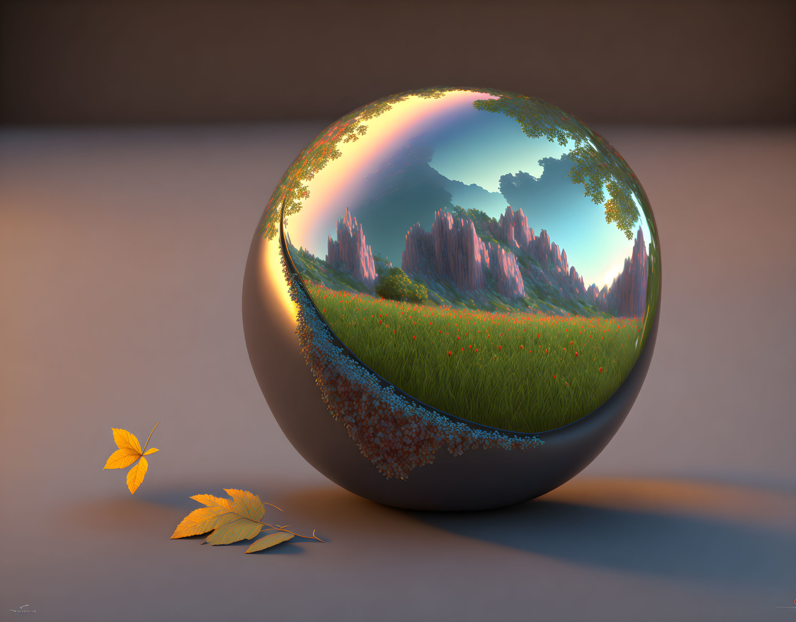 Reflective Sphere with Serene Landscape and Floating Leaves