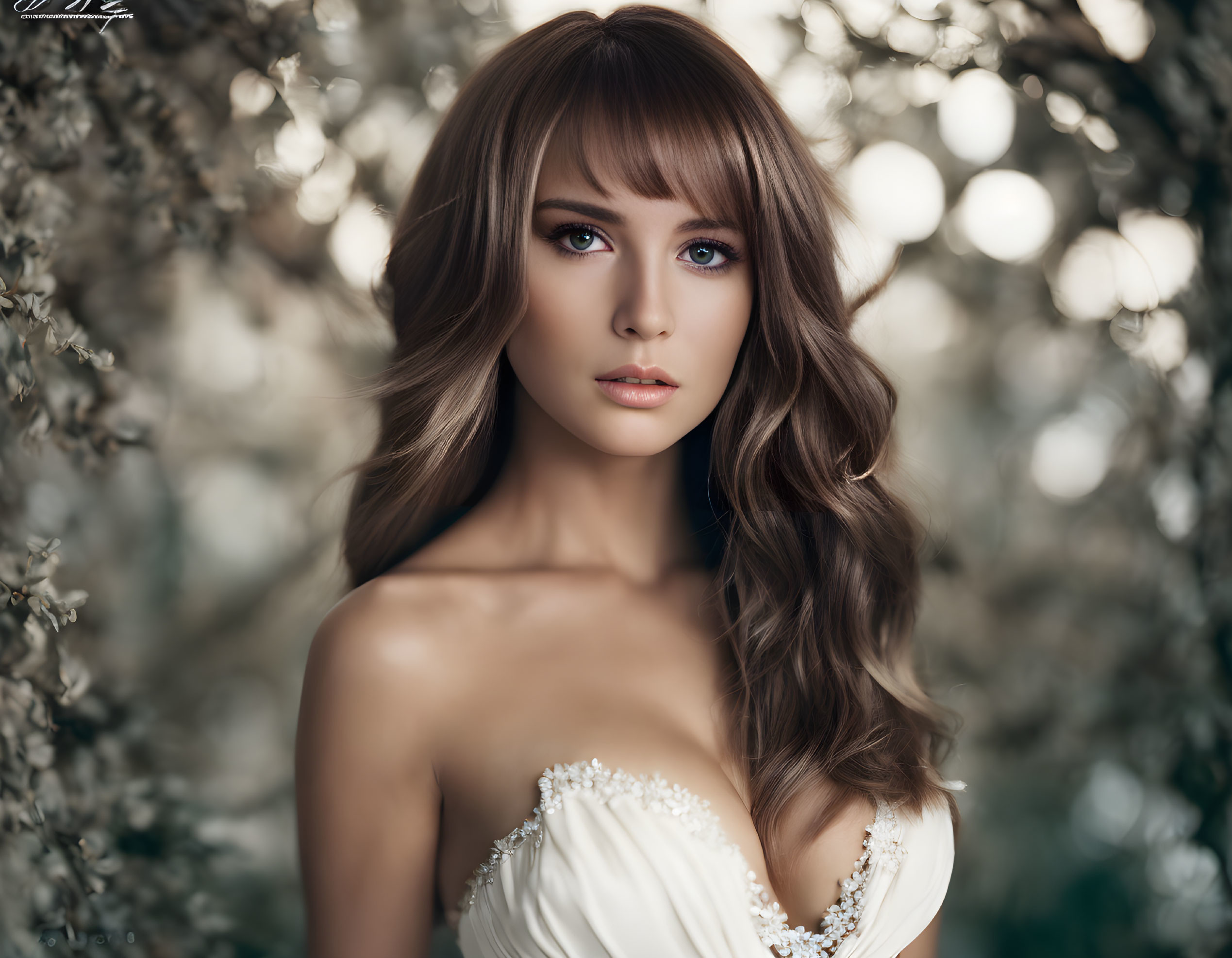 Blue-eyed woman in white dress among blooming trees