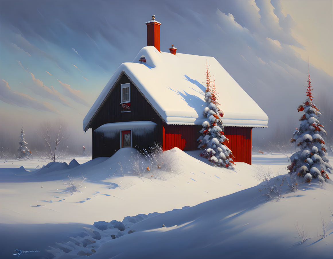 Tranquil Winter Landscape with Red House and Snow-Covered Pine Trees