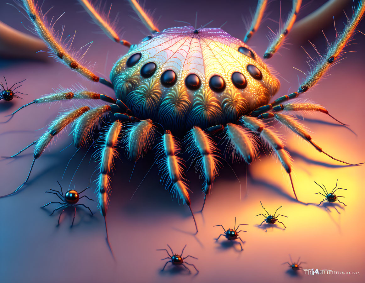 Colorful Stylized Arachnid Amidst Smaller Spiders