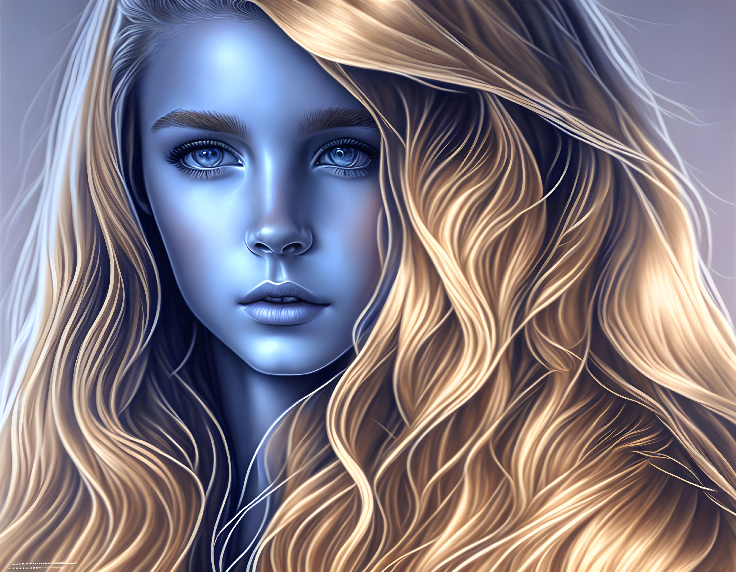 Portrait of woman with blue eyes and golden hair on cool-toned background